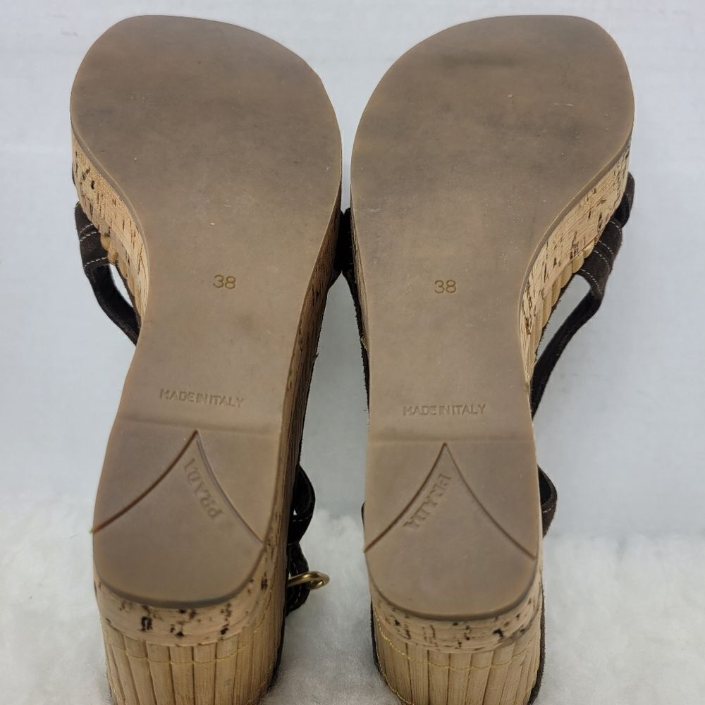 Prada Brown Suede Platform Slingback Cork Wedge Bamboo Sandals Shoes Size 7.5 - Picture 8 of 8